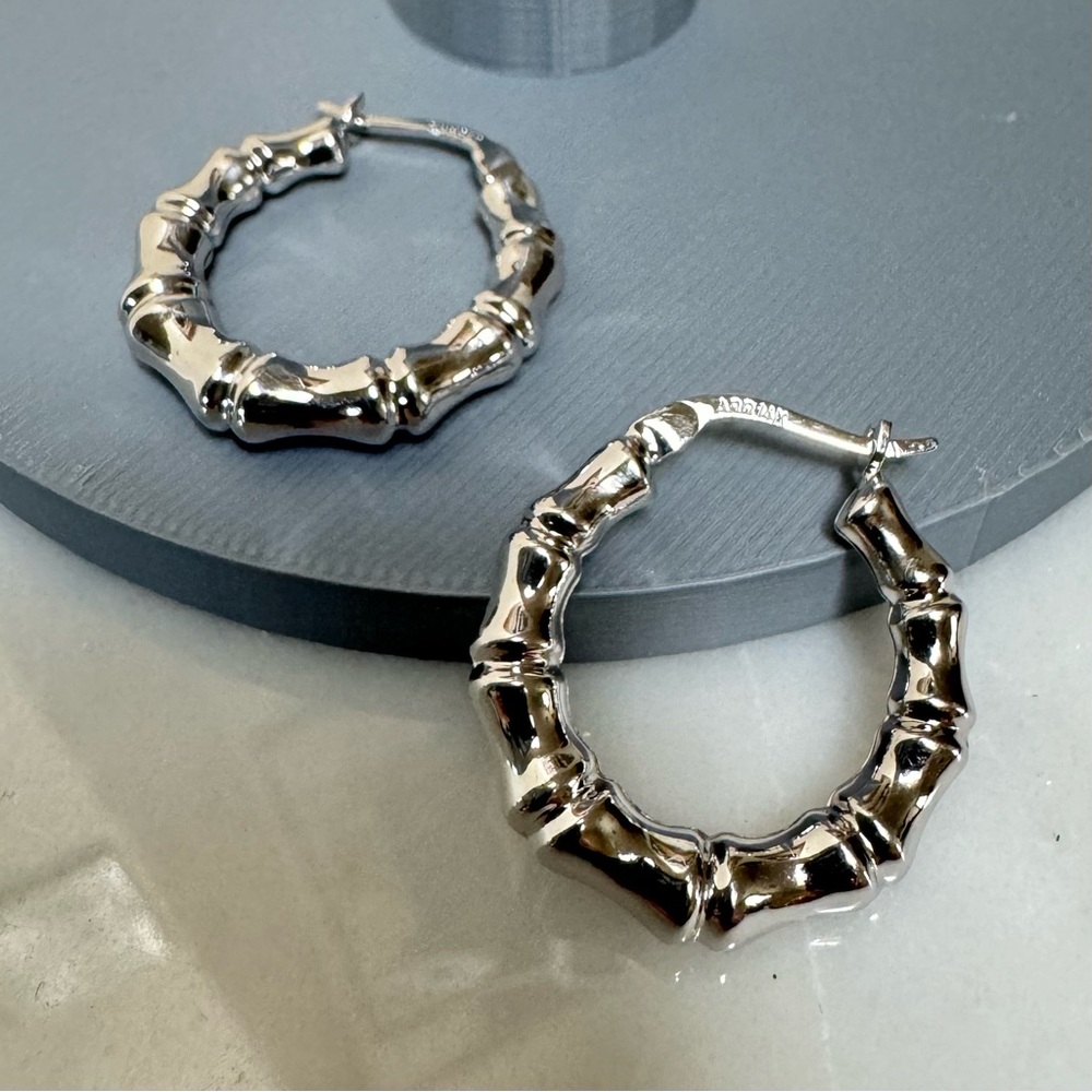 💰 SOLD 💰 (NEW) Designer ARR Turkey 14K White Gold Bamboo Polished Hoop Earrings